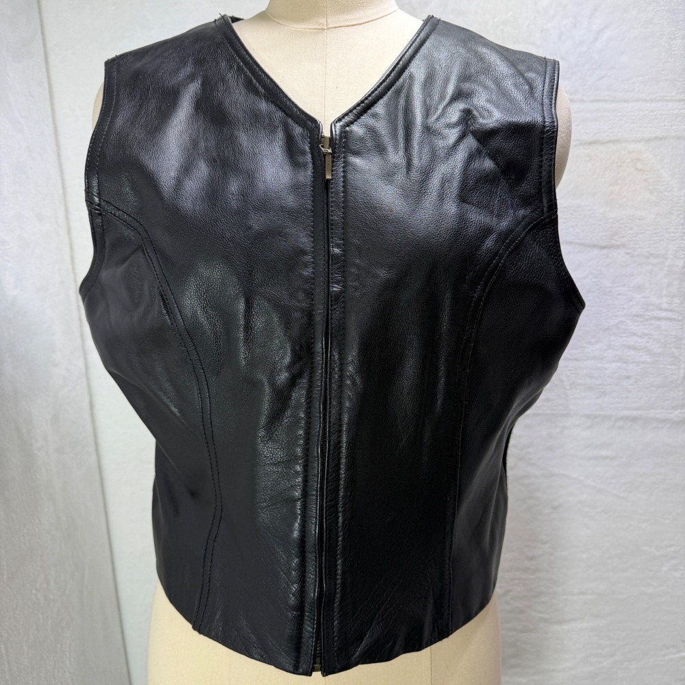 Womens Black M Leather Mixed Knit Back Open Front Crop Vest‎ Biker Hip Chick